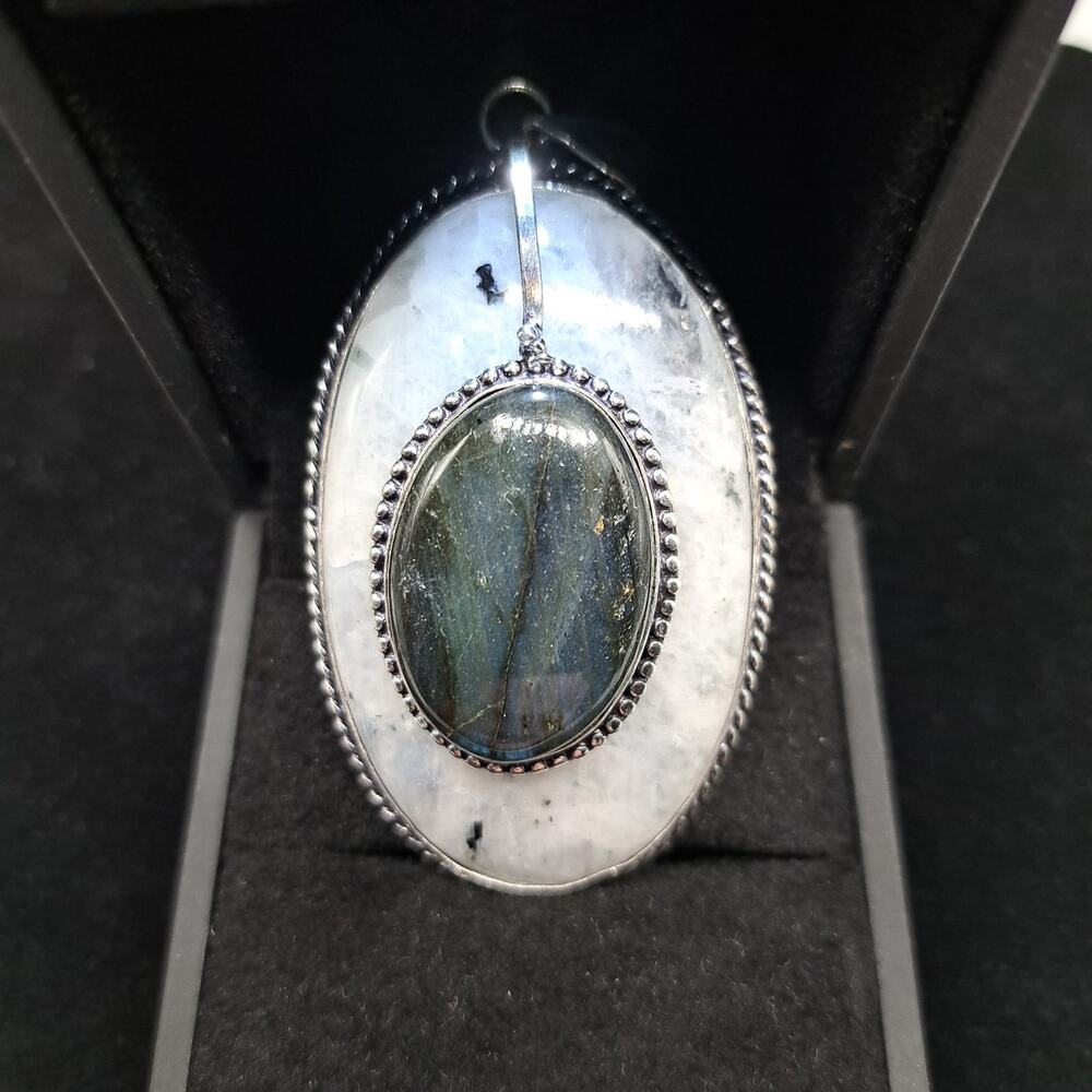 Rainbow Moonstone Fiery Blue Flash Labradorite Pendant, 3", 925 Silver Plated